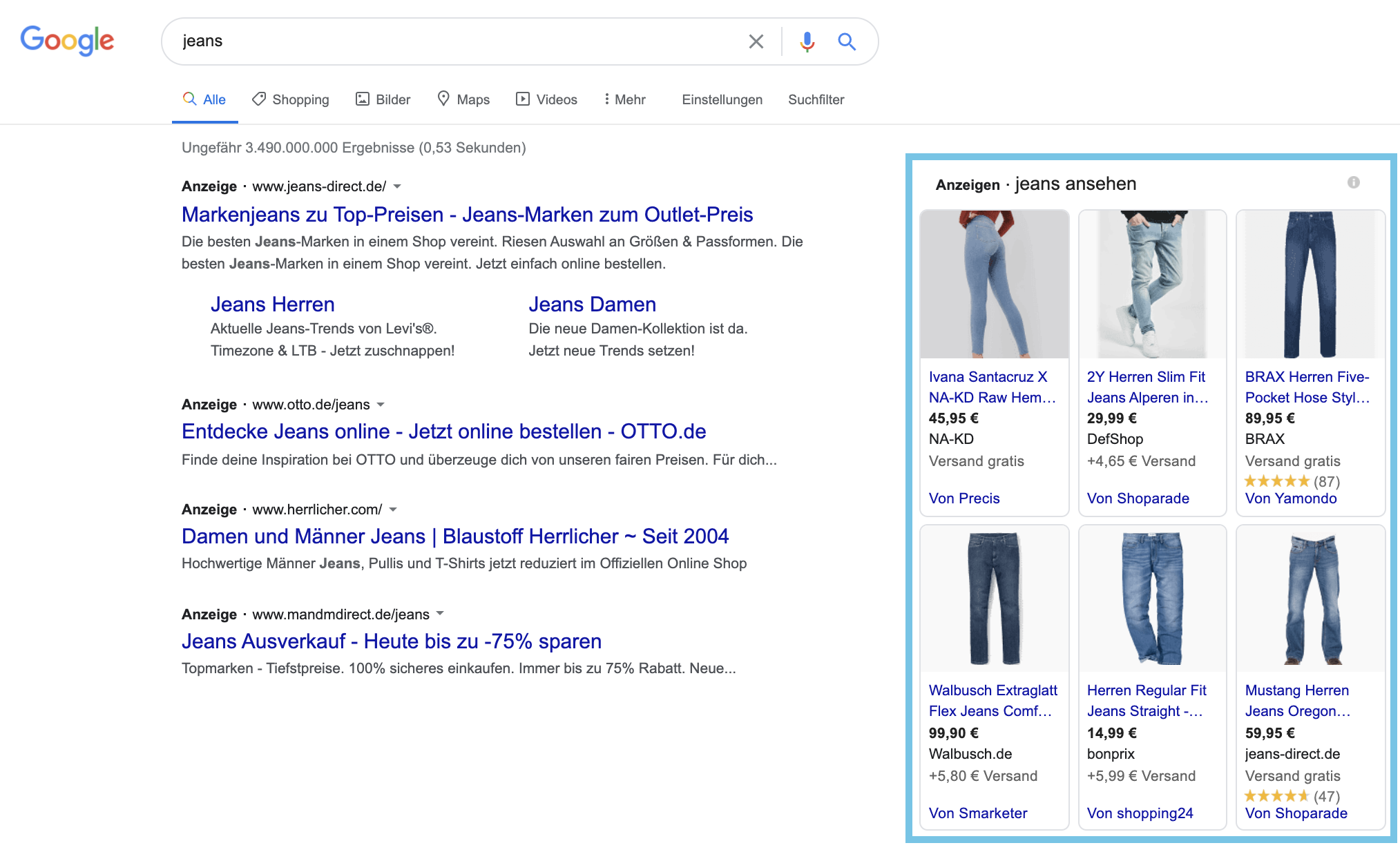 Im Bild siehst Du einen Screenshot einer Suchergebnisseite. Das Keyword der Suche ist "Jeans". Rechts neben den normalen Anzeigen und Suchergebnissen findest Du die Shopping-Anzeigen, die anders, als die Text-Anzeigen, auch Bilder, Preise, Markenname und Bewertungen beinhalten.