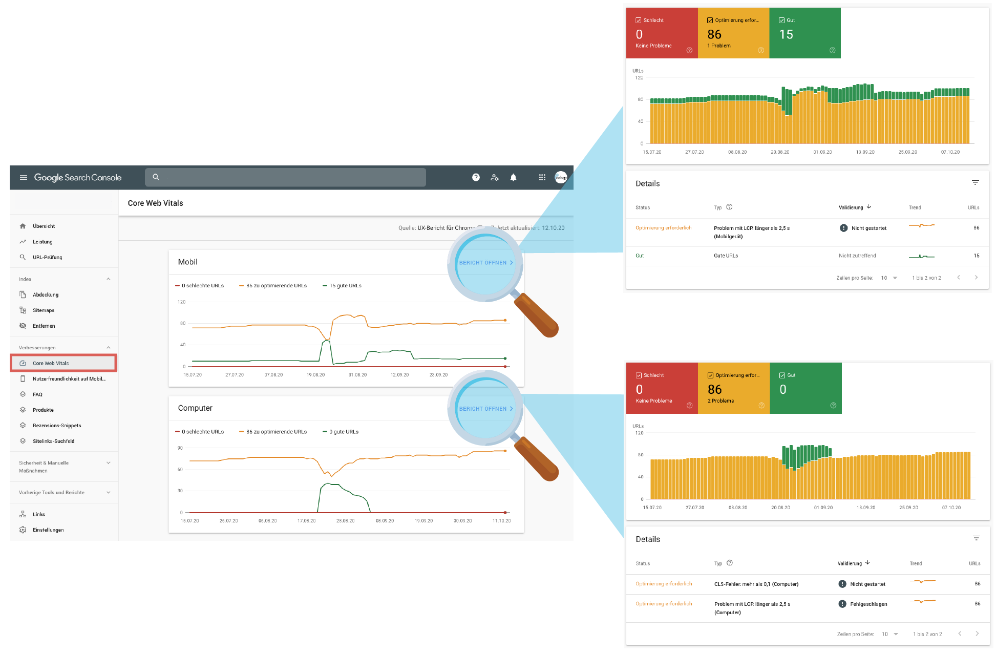 In der Seitenleiste der Google Search Console findest Du den Reister Core Web Vitals. Über diesen kannst Du einsehen, wie Deine URLs performen und was Du optimieren kannst.