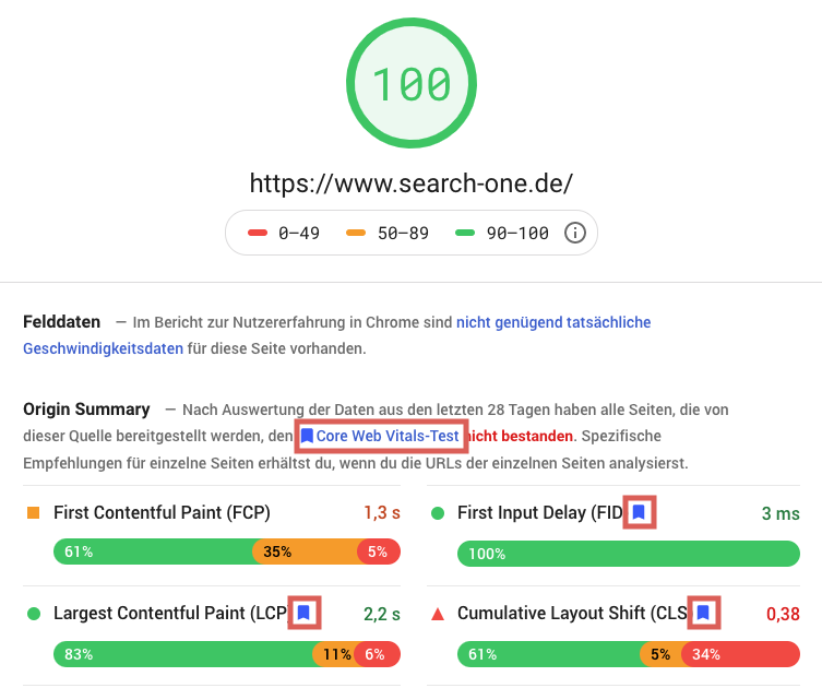 Im Screenshot des PageSpeed Insights Tools, findest Du die Core Web Vitals im Abschnitt "Origin Summery" mit einem blauen Abzeichen versehen.