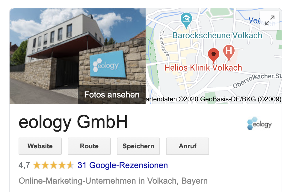 Dieser Screenshot zeigt einen Auschnitt des Google My Business-Eintrags der eology GmbH. Unterhalb des Website- oder Route-Buttons findest Du hier die bereits abgegebenen Google-Rezensionen.