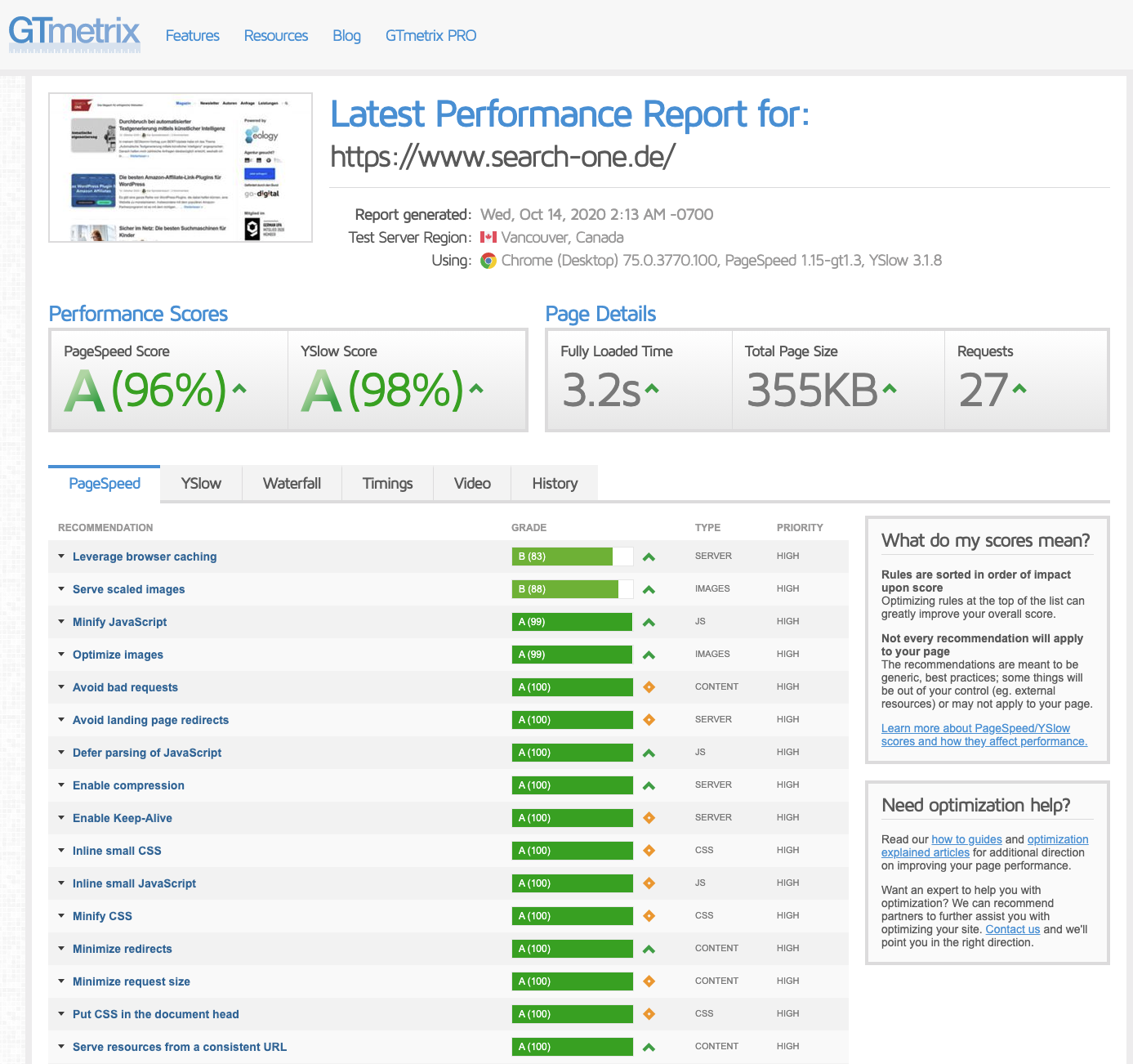 Einblicke in GTmetrix und seine unterschiedlichen Bereiche:
1. Performance Scores
2. Page Details
3. Optimierungsmöglichkeiten unterteilt nach PageSpeed, YSlow, Waterfall, Timings, Video und History