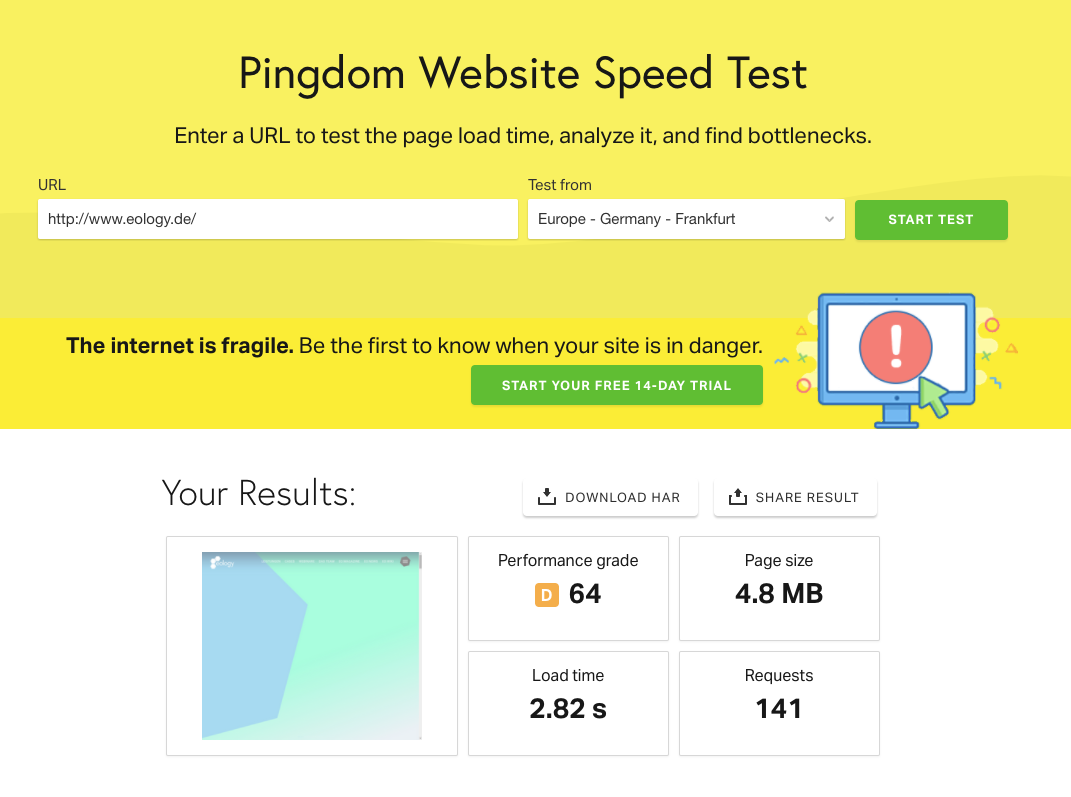 Einblicke in den Pingdom Website Speed Test. Hier wird Dir das Ergebnis übersichtlich dargestellt und Dir folgende vier Faktoren aufbereitet:
1. Performance grade
2. Page size
3. Load Time
4. Requests

Unterhalb dieser Übersicht findest Du dann die Optimierungsmöglichkeiten.