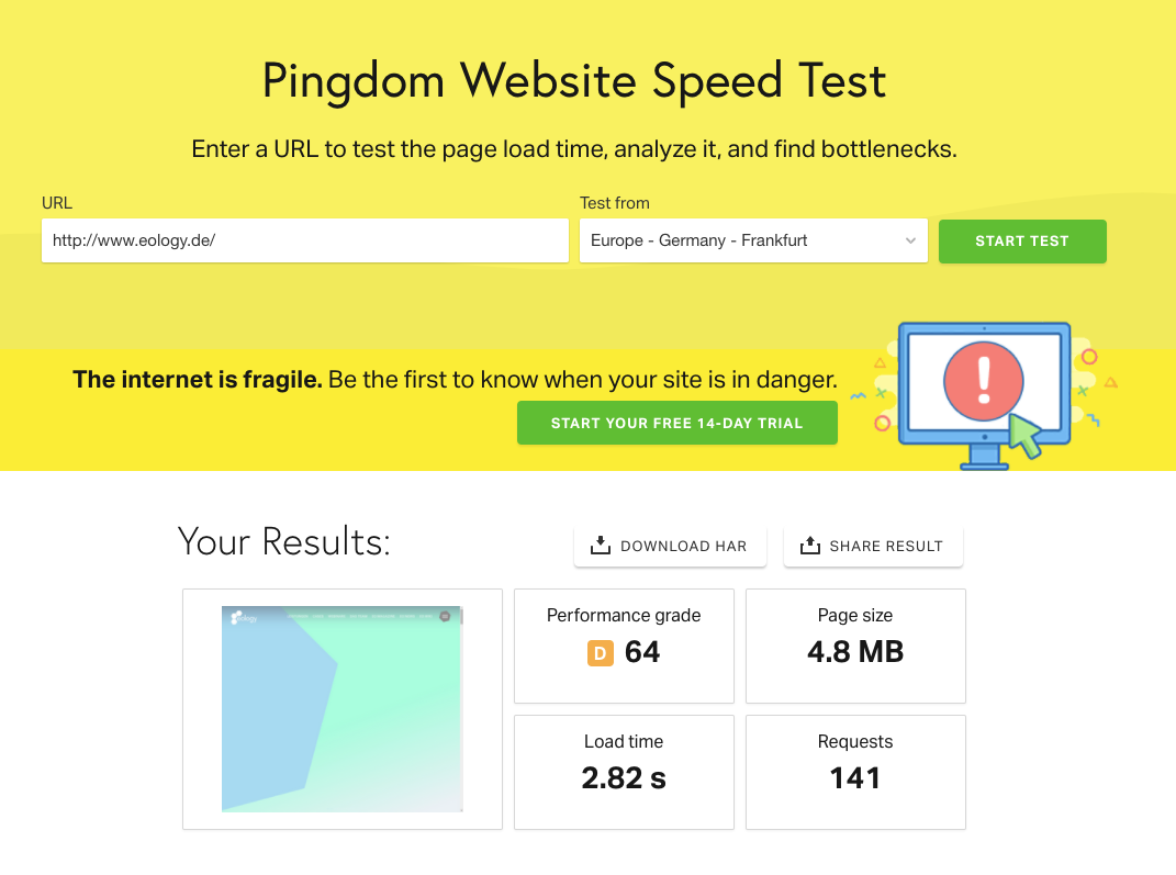 Einblicke in den Pingdom Website Speed Test. Hier wird Dir das Ergebnis übersichtlich dargestellt und Dir folgende vier Faktoren aufbereitet:
1. Performance grade
2. Page size
3. Load Time
4. Requests  Unterhalb dieser Übersicht findest Du dann die Optimierungsmöglichkeiten.