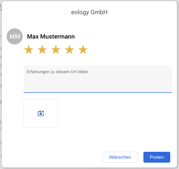 Hast Du den Button "Rezension abgeben" im Google My Business-Profil eines Unternehmens geklickt, öffnet sich ein weiteres Fenster. Hier hast Du nun die Möglichkeit Deine Bewertung einzugeben. Diese kann aus drei Elementen bestehen: Sterne, Text, Bild. Dabei ist jedoch nur die Sternebewertung verpflichtend.