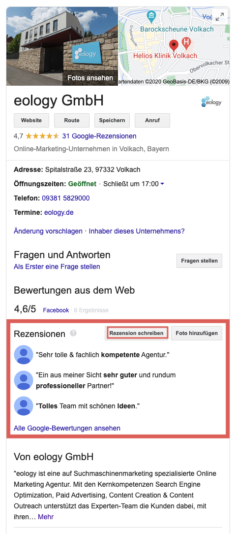 Zu sehen ist das Google My Business-Profil der eology GmbH. Neben allgemeinen Informationen zu Adresse, Öffnungszeiten, Route, Website, etc. findest Du dort auch die bereits abgegebenen Bewertungen. Über den Button "Rezension schreiben" im Info-Feld des Unternehmens öffnest Du das Fenster, in dem Du Deine Bewertung eingeben kannst. Außerdem kannst Du Dir hier alle bereits abgegebenen Google-Bewertungen ansehen.