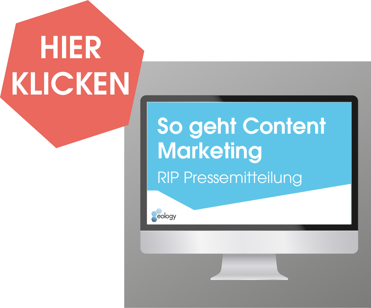 Das Bild zeigt einen Bildschirm, auf dem die Vorschau des Webinars "So geht Content Marketing" der Webinar-Reihe "RIP Pressemitteilung" zu sehen ist. Das Webinar wurde im Bild verlinkt, weshalb ebenfalls ein rotes "Hier Klicken"-Symbol zu sehen ist. Durch einen Klick auf besagtes Bild gelangt der Nutzer zum Webinar.