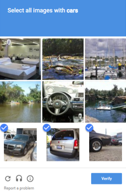 Bild-Captcha: Das Captcha mit der größten Verbreitung im Netz. Hierbei wählt der Nutzer bestimmte Bilder aus, die zu einer vorgegebenen Kategorie zählen.