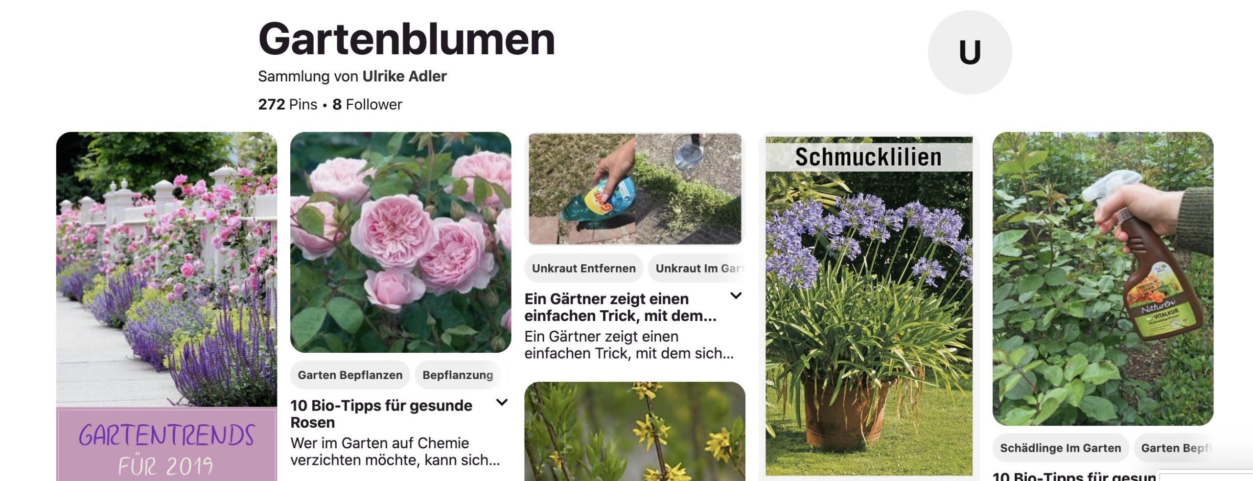 Auf dem Bild ist ein Beispiel einer Pinterest-Suche nach "Gartenblumen" zu sehen. Hierbei sieht man deutlich, dass alle Thumbnails die gleiche Breite haben und nur in ihrer Höhe variieren. 