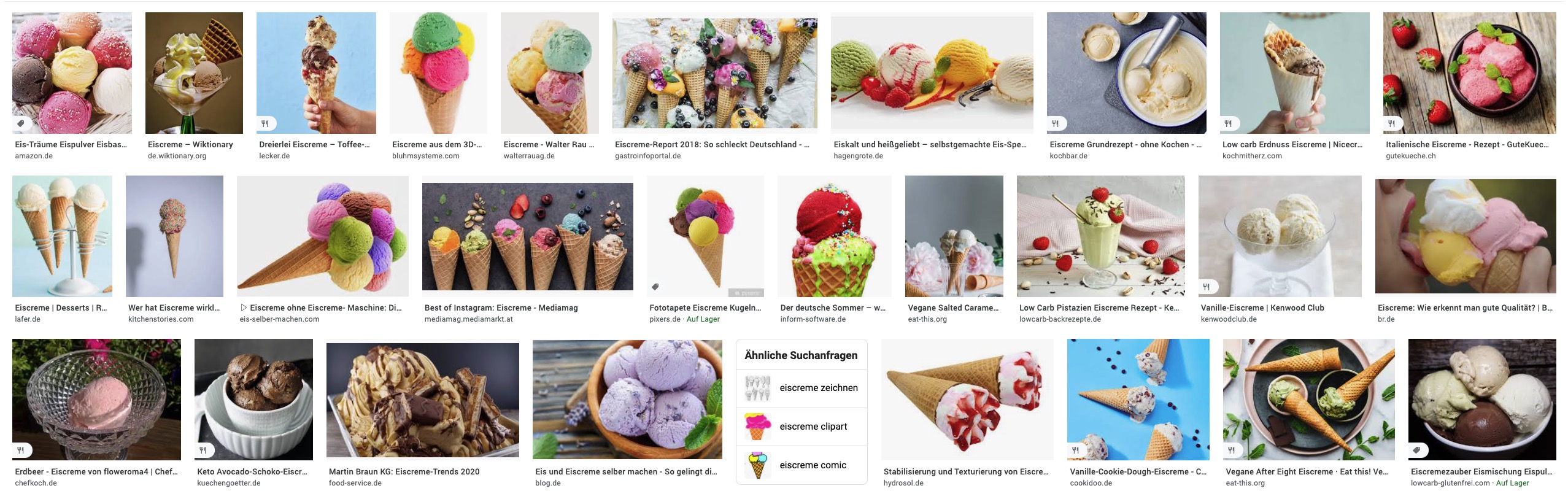 Der Screenshot zeigt eine Google Bildersuche zur Suchanfrage "Eiscreme". Dabei wird deutlich: Google legt lediglich die Bildhöhe fest. Bei der Bildbreite variieren die einzelnen Thumbnails.