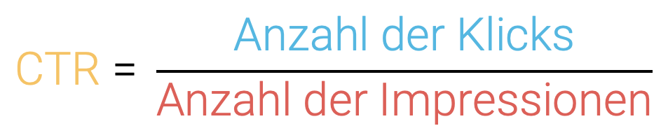 Hier findest Du die Formel zur Berechnung der Click-Trough-Rate (CTR). Diese ergibt sich aus der Anzahl der Klicks (im Bild blau gekennzeichnet) geteilt durch die Anzahl der Impressionen (im Bild rot gekennzeichnet). 