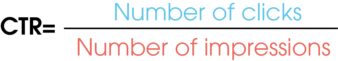 Here you can find the formula for calculating the click-through rate (CTR). This results from the number of clicks (marked blue in the image) divided by the number of impressions (marked red in the image). 