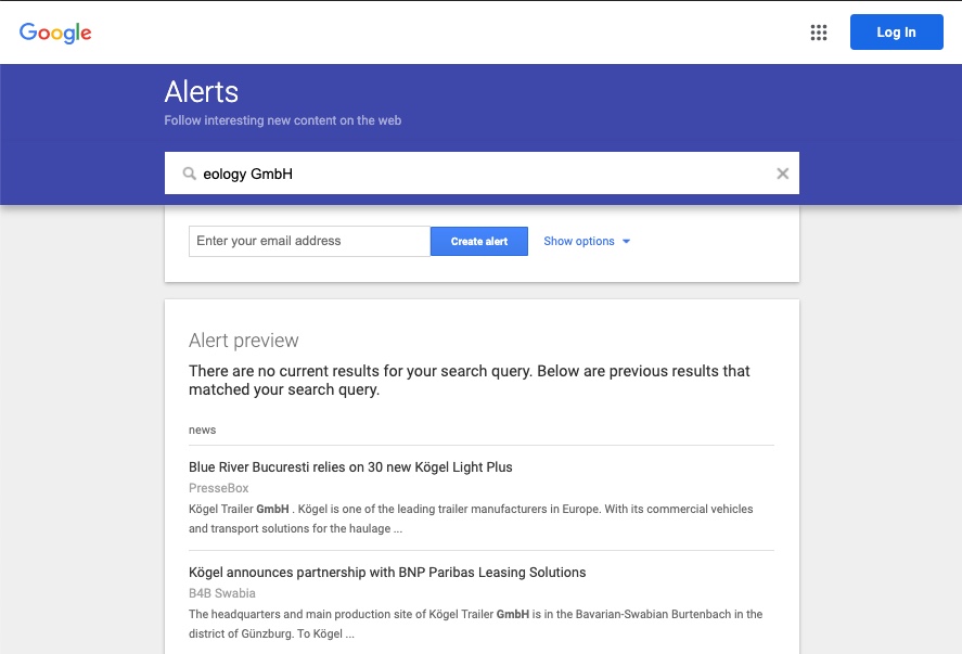 The image shows you a screenshot of Google Alerts. Here you can see the alert preview for the keyword "eology GmbH" and get insight into the kind of alerts related to your keyword.