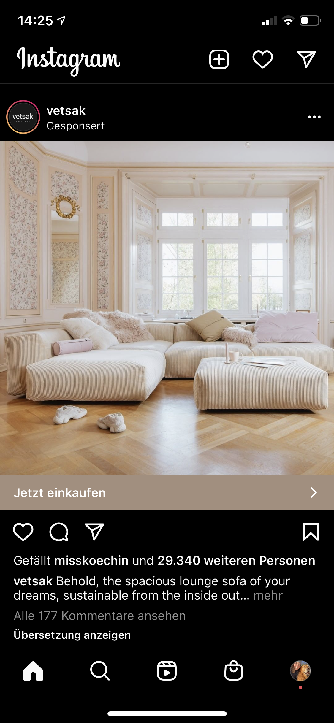 Das Bild zeigt eine Instagram Ad, die im Feed des Nutzers platziert ist. Gekennzeichnet wird sie durch die Markierung "Gesponsert".