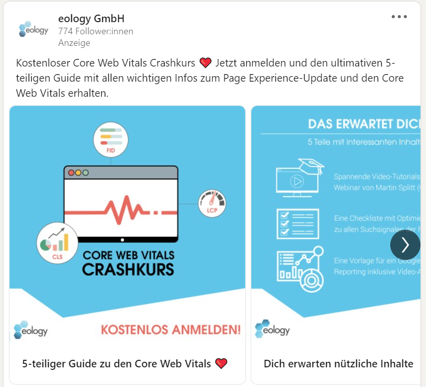 Das Bild zeigt eine LinkedIn Werbeanzeige der eology GmbH, welche einen kostenlosen Core Web Vitals Crashkurs bewirbt.