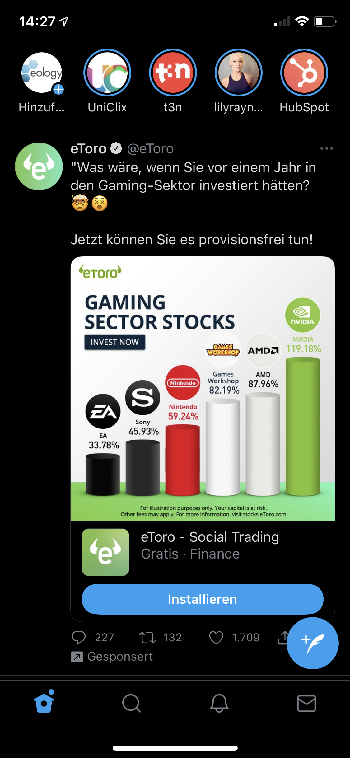 Das Bild zeigt eine Twitter Werbeanzeige, die im Feed des Nutzers ausgespielt wird.