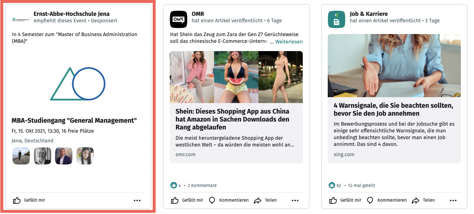 Das Bild zeigt ein Beispiel einer Xing Ad (rot markiert), die wie eine reguläre Neuigkeit in Kachelform im Feed auf der Startseite ausgespielt wird