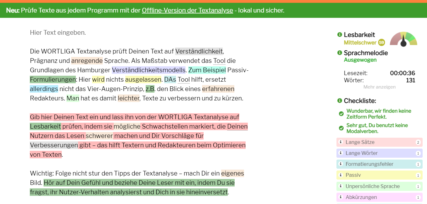 Grafische Darstellung einer Textauswertung über das Textanalyse-Tool zu Messung der Keyword-Dichte