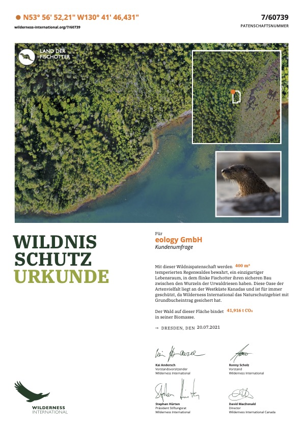 Urkunde von Wilderness International zur Spende über 400 Quadratmeter Wald in KAnada zum Schutz des Fischot