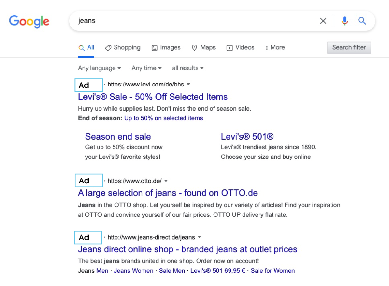 The image shows a screenshot of a Google search query for the keyword "jeans". The first results of the SERP shows directly paid ads at the very top below the search bar, marked with the bold word "ad" (framed in blue in the screenshot).