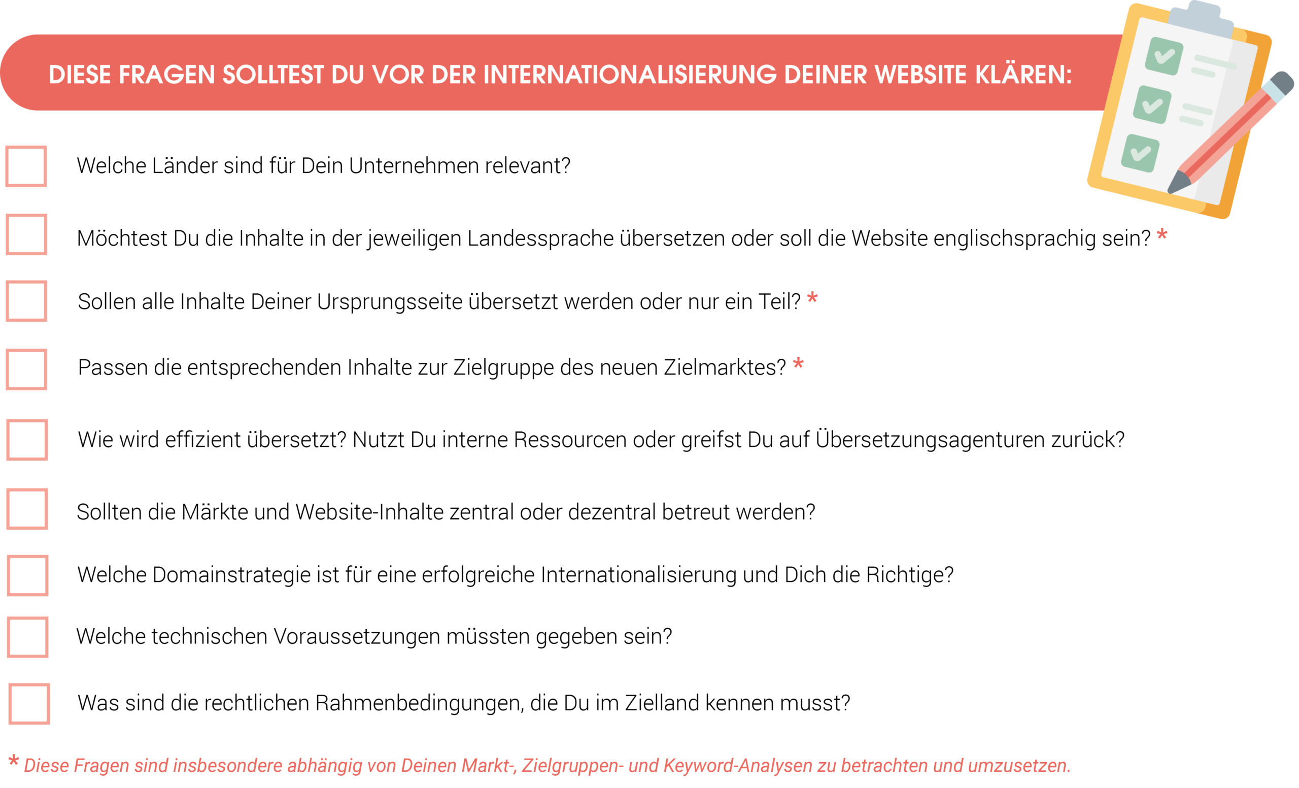 Das Bild zeigt eine Checkliste mit verschiedenen Fragen, die Du vor einer Internationalisierung Deiner Website klären solltest. 