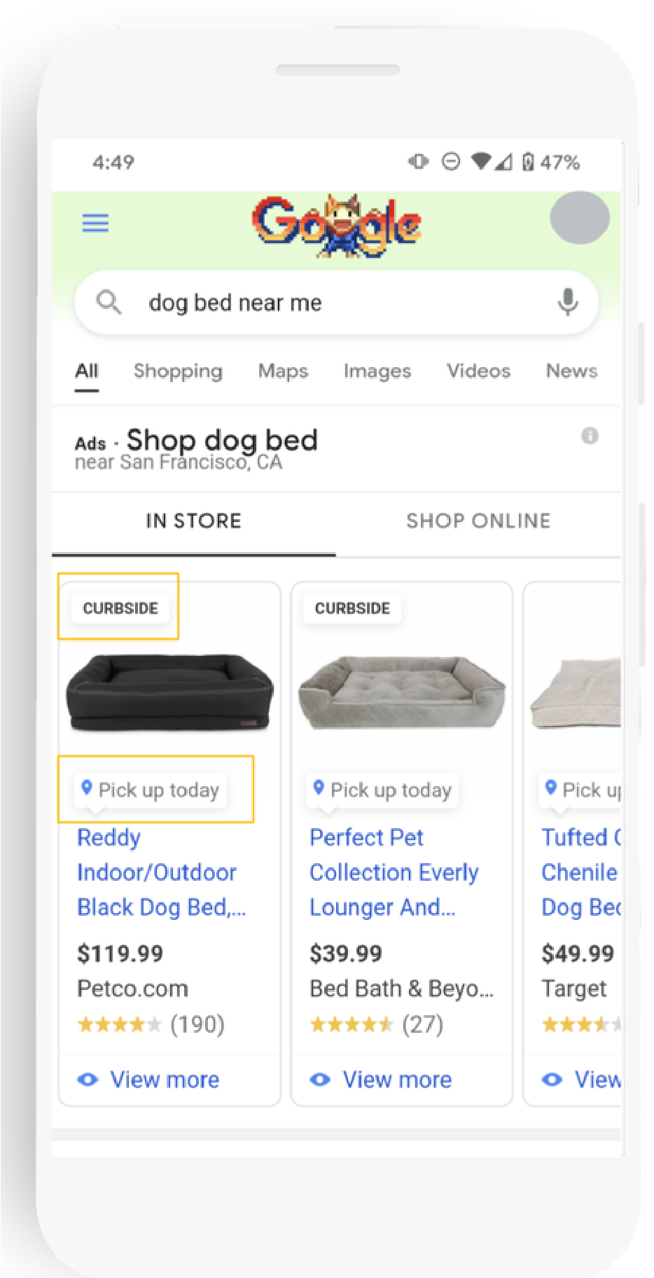 Auf dem Bild sind Google Shopping-Ergebnisse zu sehen, deren Produkte nicht nur online, sondern auch im Store zu finden sind. Diese sind mit einem speziellen Abholungs-Label versehen (gelb gekennzeichnet).