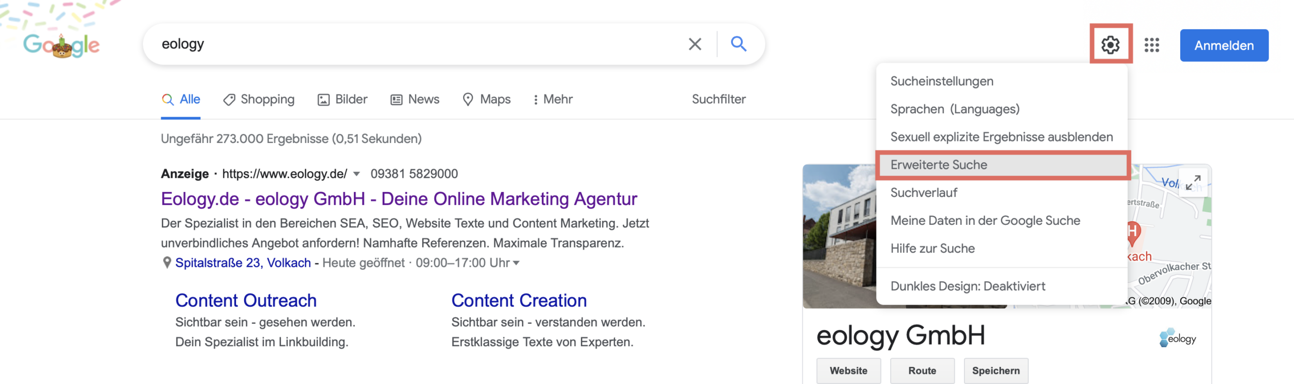 Das Bild beschreibt, wie Du auf die erweiterte Suche von Google kommst.