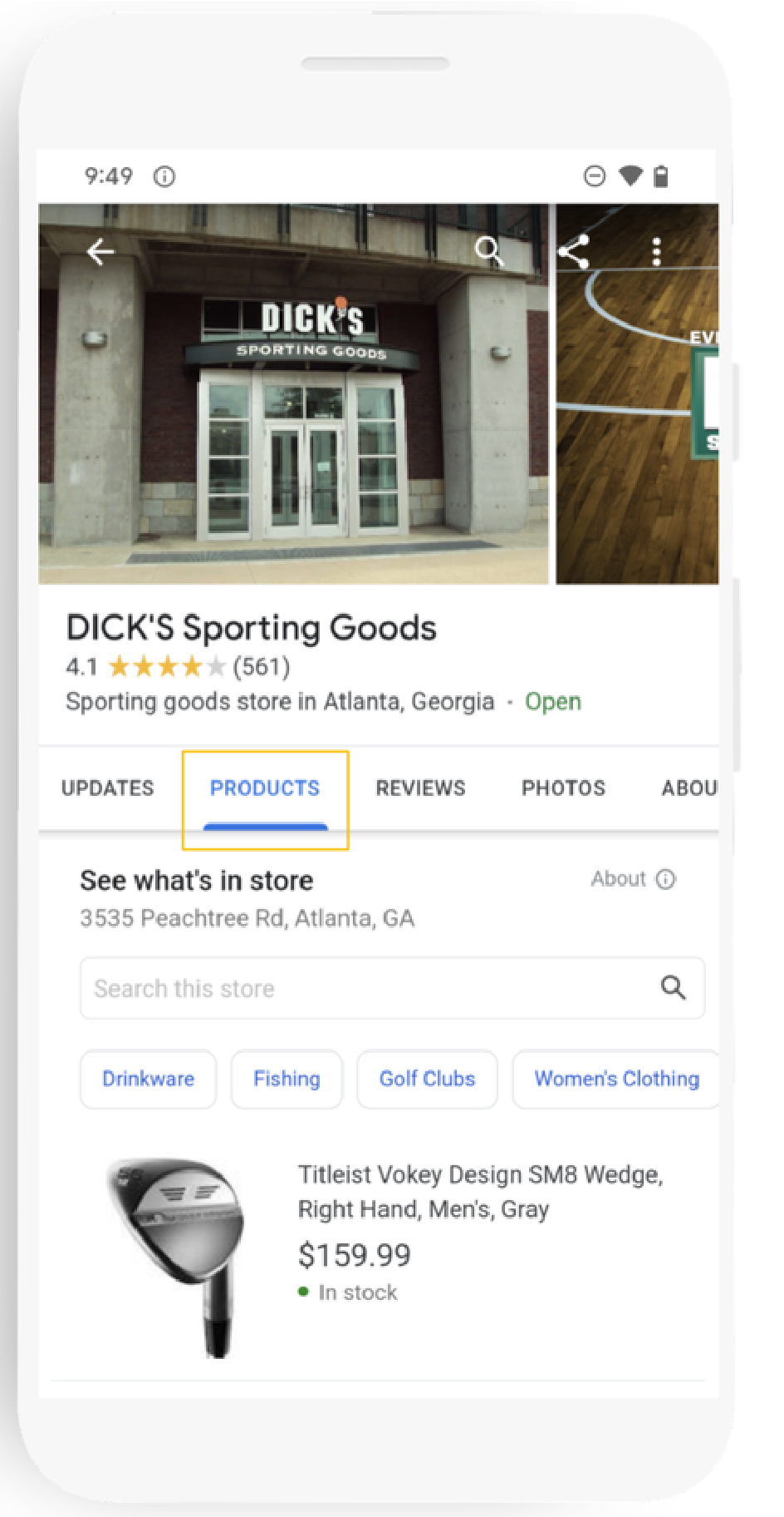 Das Bild zeigt einen Ausschnitt eines Google My Business-Accounts, welcher den neuen Reiter "Produkte" (gelb gekennzeichnet) beinhaltet. 