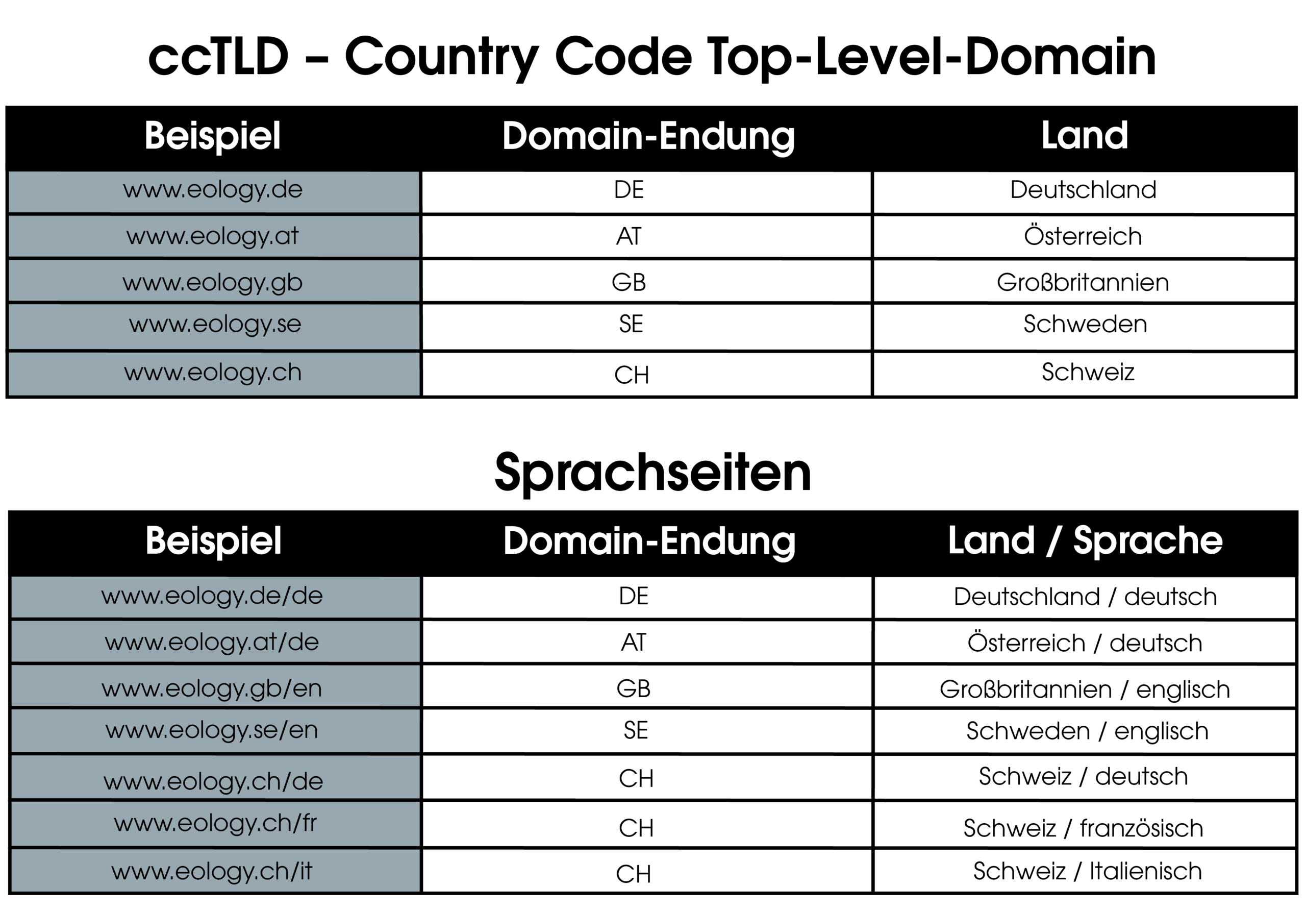 Das Bild zeigt tabellarisch dargestellt, wie Country Code Top-Level-Domains für die Länder Deutschland, Österreich, Großbritannien, Schweden und Schweiz aussehen. Außerdem werden mögliche Formen von Sprachseiten für die oben genannten Länder dargestellt. 