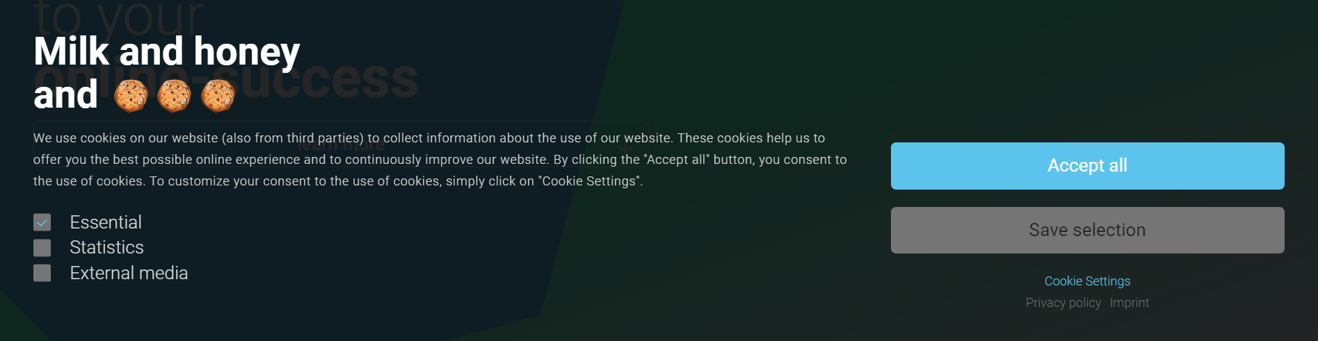 The image shows the cookie notice of eology.net as an example. The user can choose between the use of essential cookies, statistical cookies or external media and save his selection. Alternatively, he can accept all cookies.