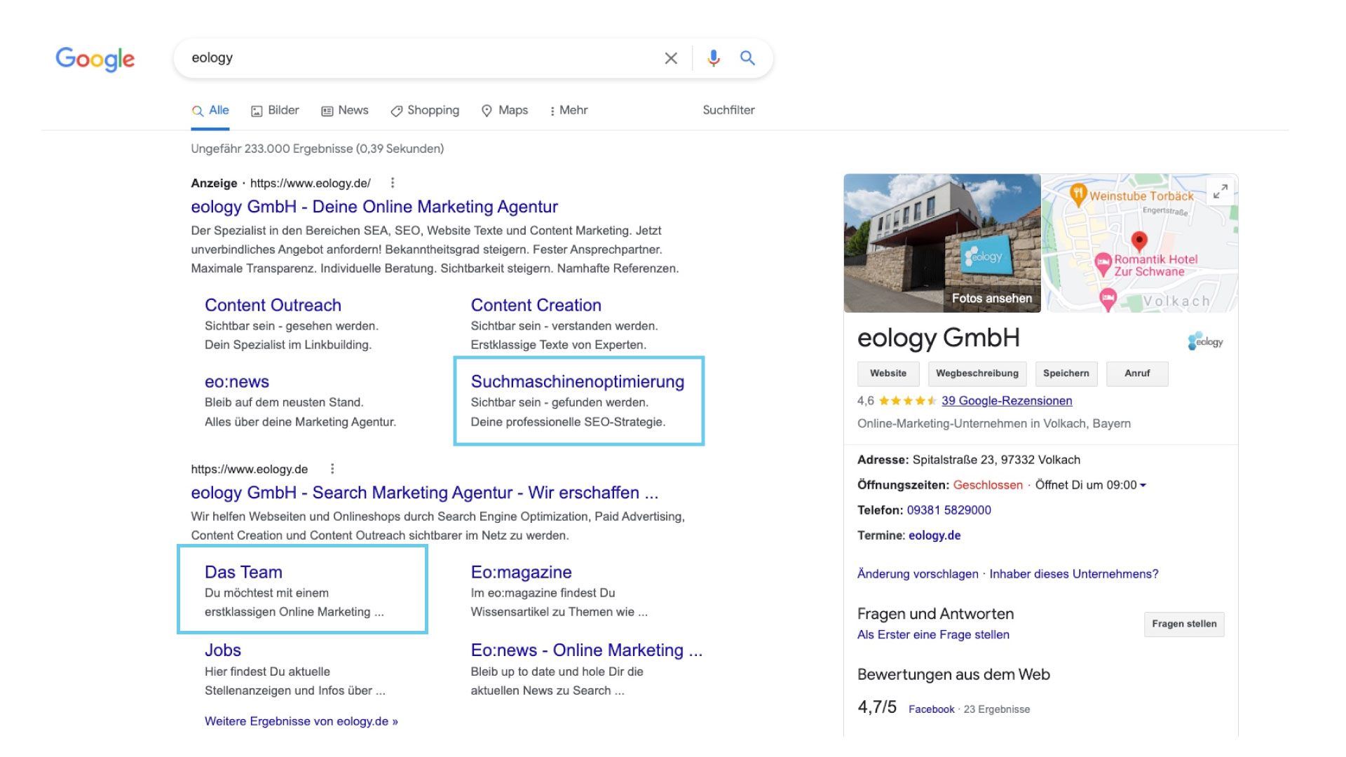 Das Bild zeigt einen Auszug der Suchergebnisseite (SERP) zur Suche "eology". Hier werden verschiedene Unterseiten (Deep Links) als Rich Snippet angezeigt.