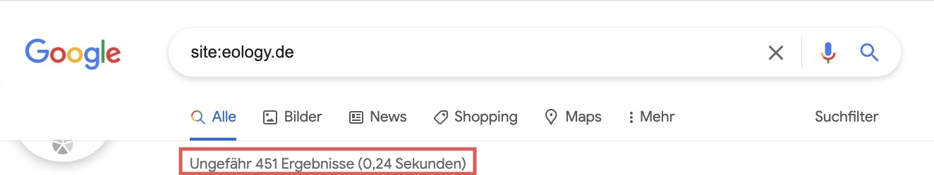 Das Bild zeigt den Screenshot der Google Suche mit site: Befehl zur Website von eology. Google spuckt für diese Suche ca. 541 Ergebnisse aus, welche die Suchmaschine indexiert hat.