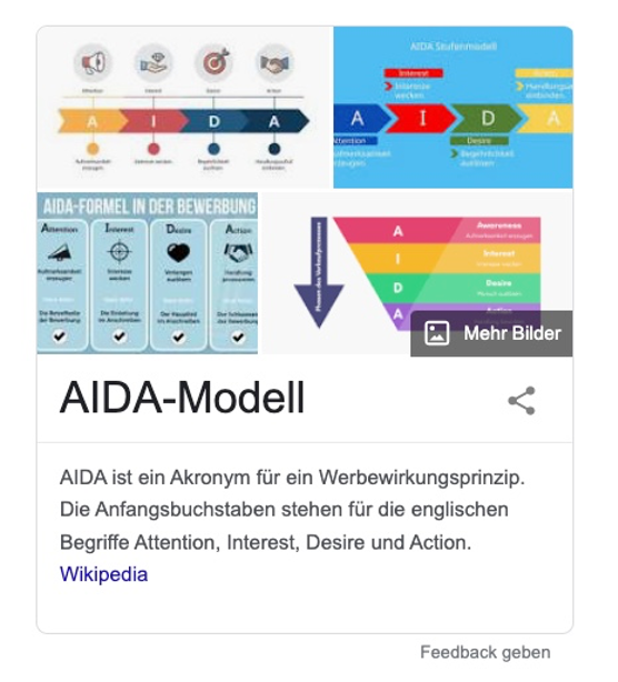 Das Bild zeigt einen Screenshot des Google Knowledge Graphs zur Suchanfrage "aida methode". Hierbei ist deutlich zu sehen, dass SEO-optimierte Bilder prominent platziert werden und dadurch mehr Aufmerksamkeit generieren können.
