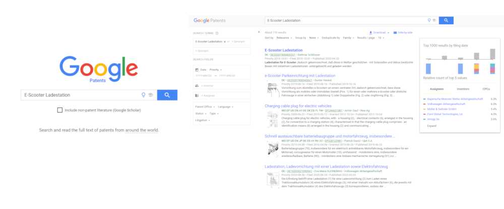 Die Grafik zeigt links im Bild die Suchmaske von Google Patents, welche gleich der gewohnten Google Suchmaske aufgebaut ist. Rechts werden die Suchergebnisse zum gewählten Beispiel "E-Scooter Ladestation" angezeigt.