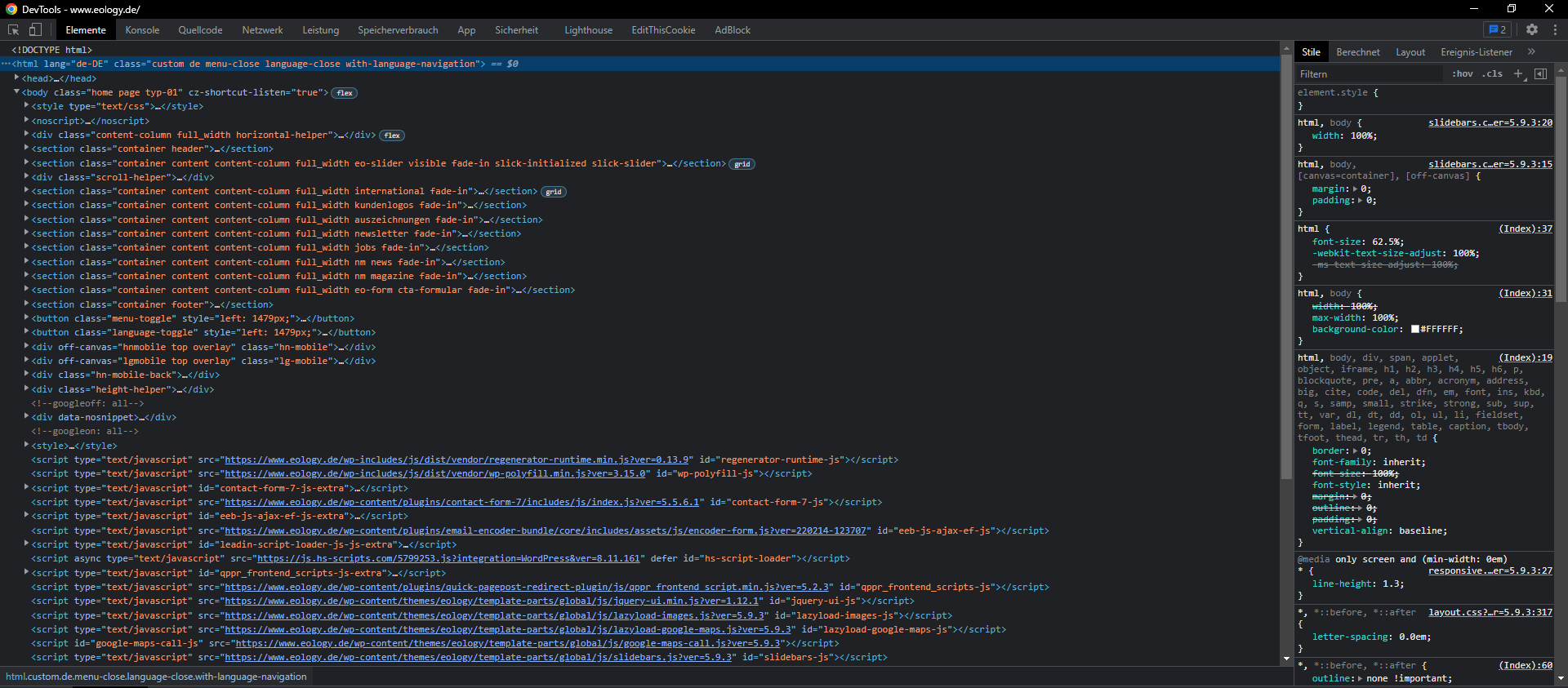 Das Bild zeigt einen Screenshot der Developer Tools der Seite eology.de
