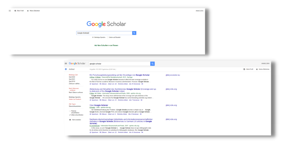 Das Bild zeigt zwei Screenshots. Als erstes ist die Suchmaske von Google Scholar zu sehen. Der zweite Screenshot zeigt eine Ansicht der Suchergebnisse.
