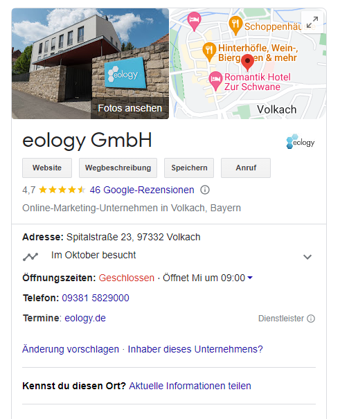 Das Bild zeigt das Google Knowledge Panel von eology.