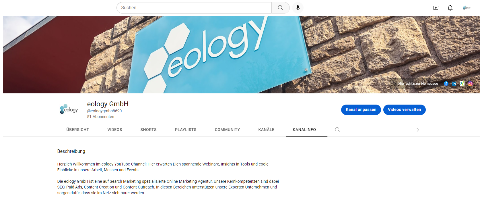 Das Bild zeigt die Kanalinfo am Beispiel des YouTube Kanals von eology.