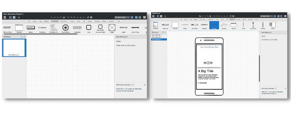 Das Bild zeigt zwei Screens aus Balsamiq. Der linke Screen zeigt die Drag-and-Drop-Funktion, der rechte Screen eine einfaches Mobil Mockup, welches mit Balsamiq erstellt wurde.