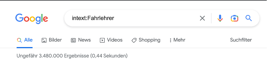 Das Bild zeigt die Google Suchabfrage mit dem Begriff "Fahrlehrer" und insgesamt 10.300.000 Ergebnissen.