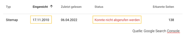 Gezeigt wird ein Beispiel für eine Sitemap Analyse in der Google Search Console.