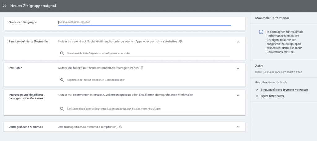Einstellungen Neue Zielgruppensignale einer PMAX Kampagne