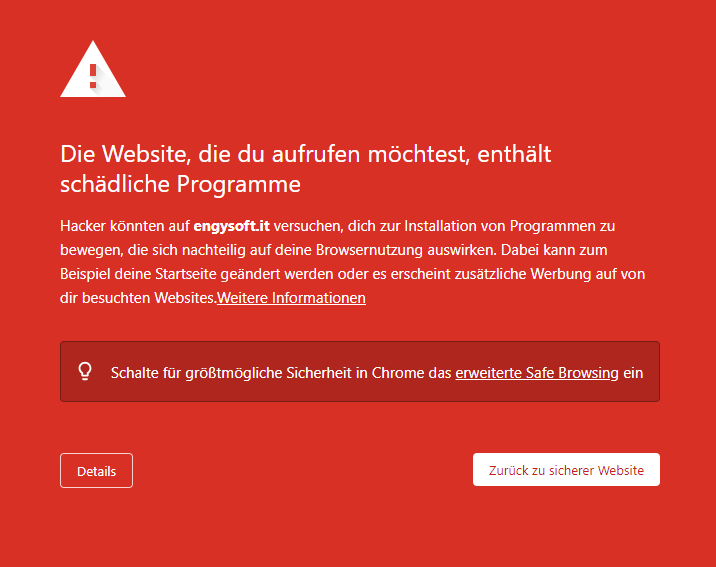 Zu sehen ist ein Beispiel einer Chrome Browser Meldung für schädliche Programme.