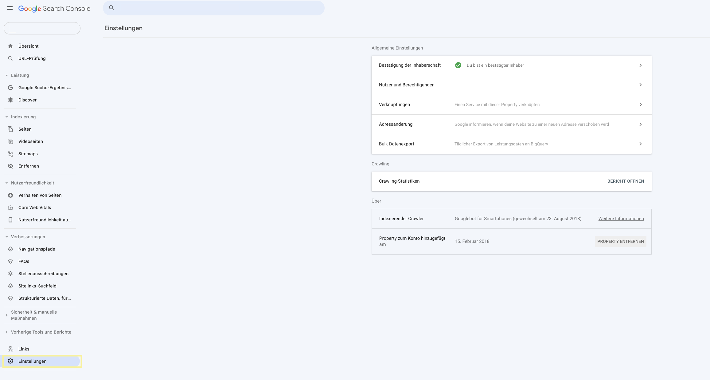 Google Search Console: Screenshot aus dem Menü Einstellungen