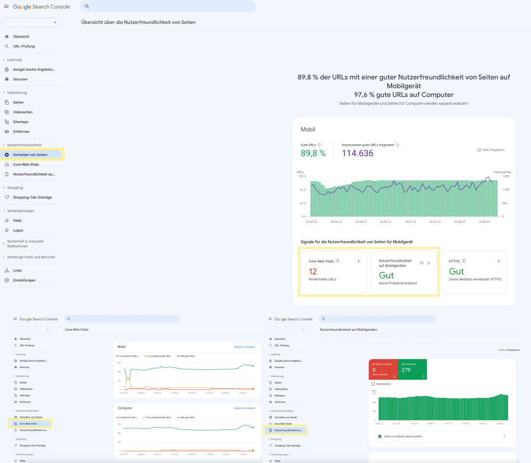 Google Search Console: Screenshot der Berichte unter Nutzerfreundlichkeit