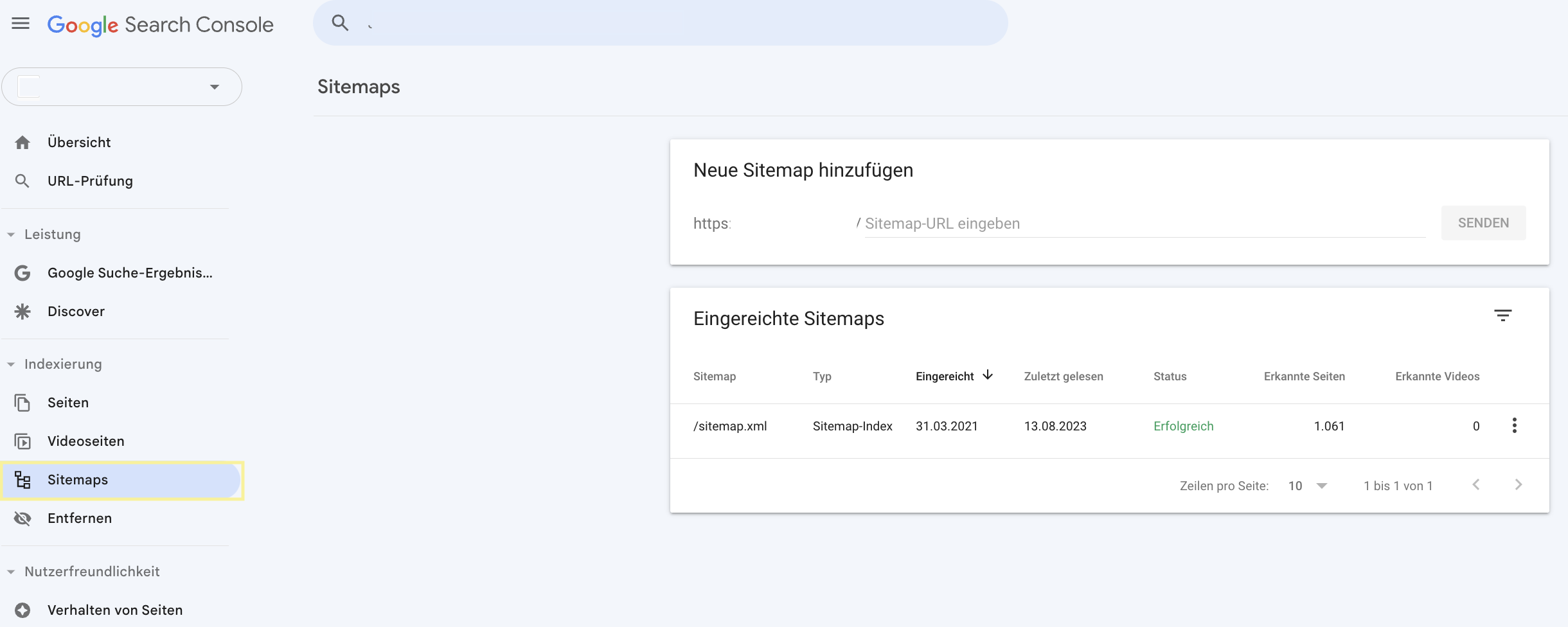 Google Search Console: Screenshot der Sitemaps Übersicht