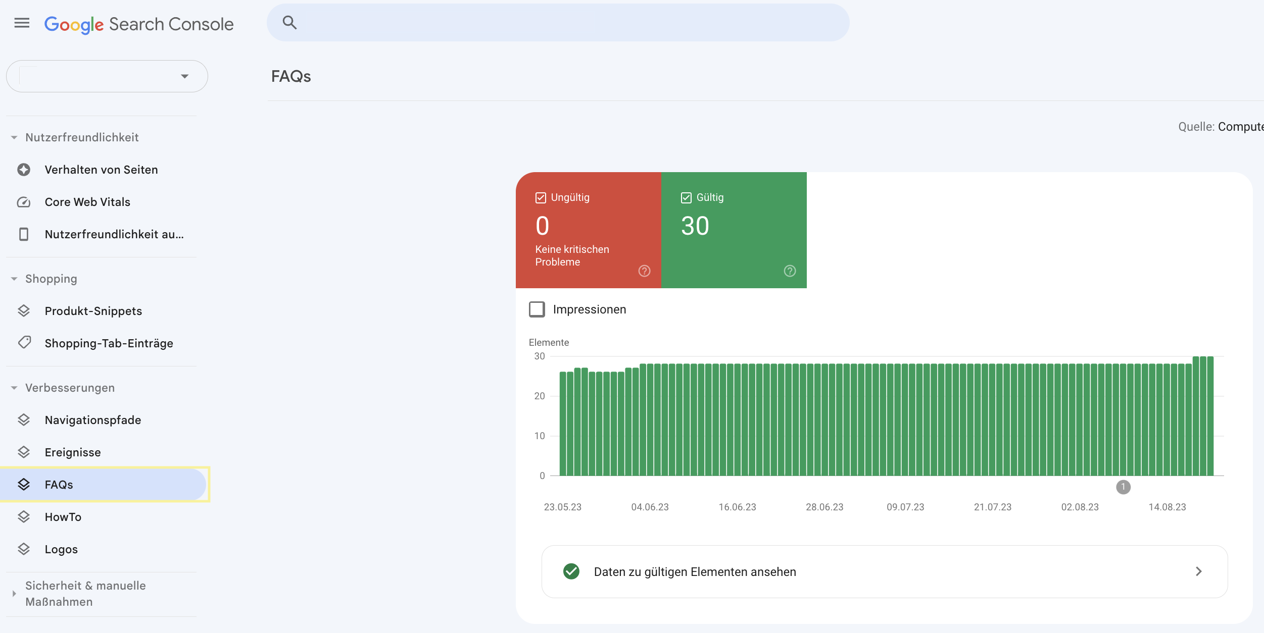 Google Search Console: Screenshot zum Bericht des FAQ-Mark-Ups  