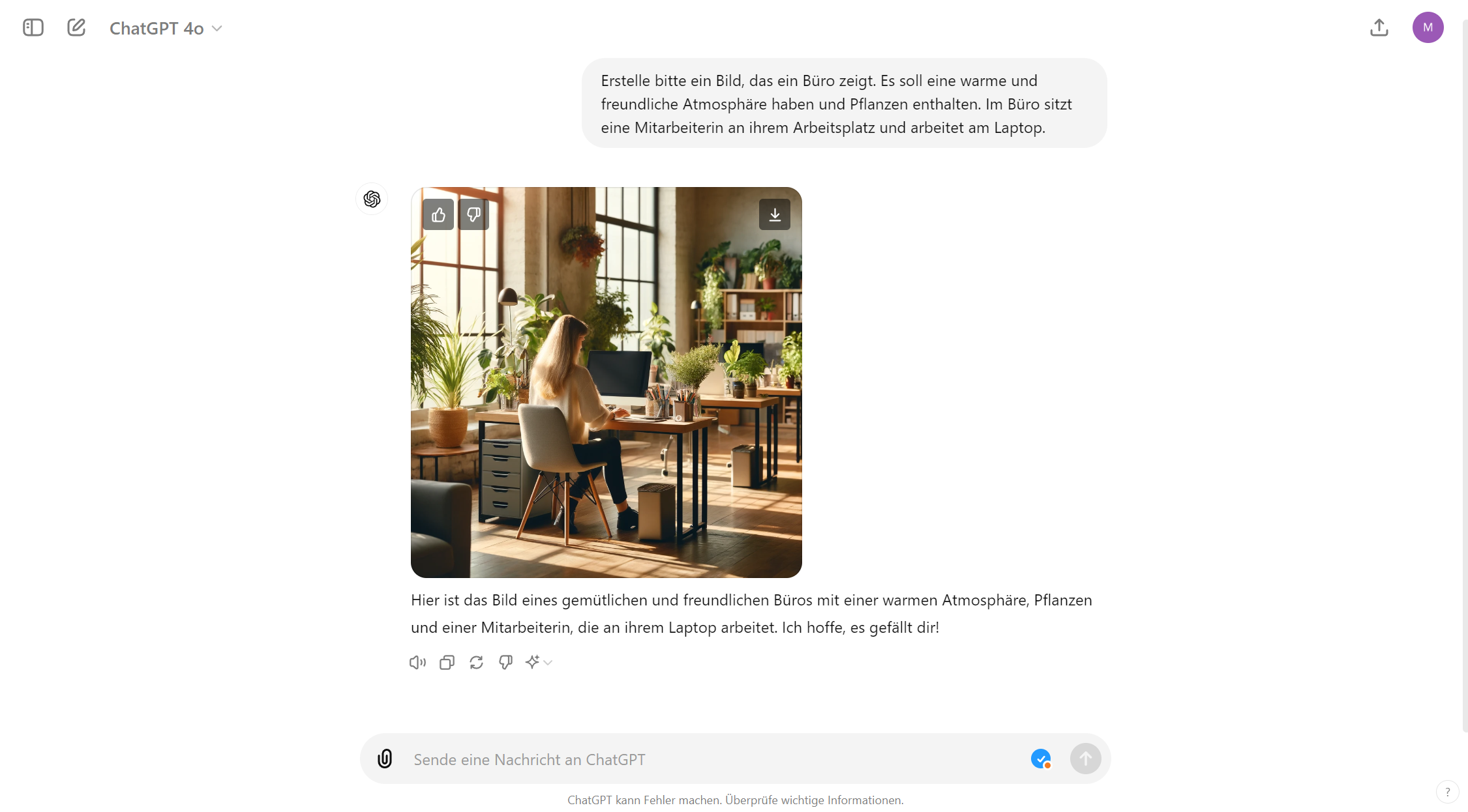 Ein Screenshot aus dem ChatGPT Chat mit einer textlichen Anforderung, dass die KI ein Bild erstellt.