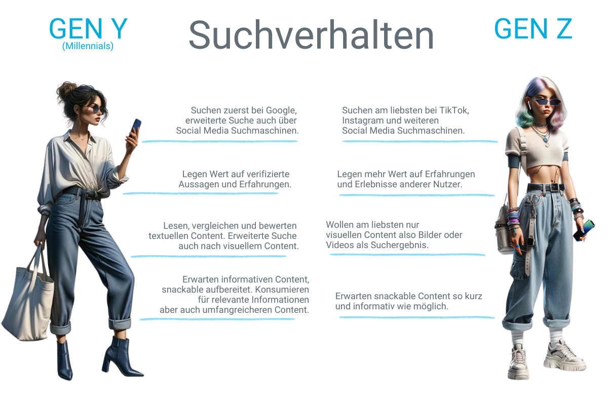 Unterschiede des Suchverhaltens von Gen Y und Gen Z. 