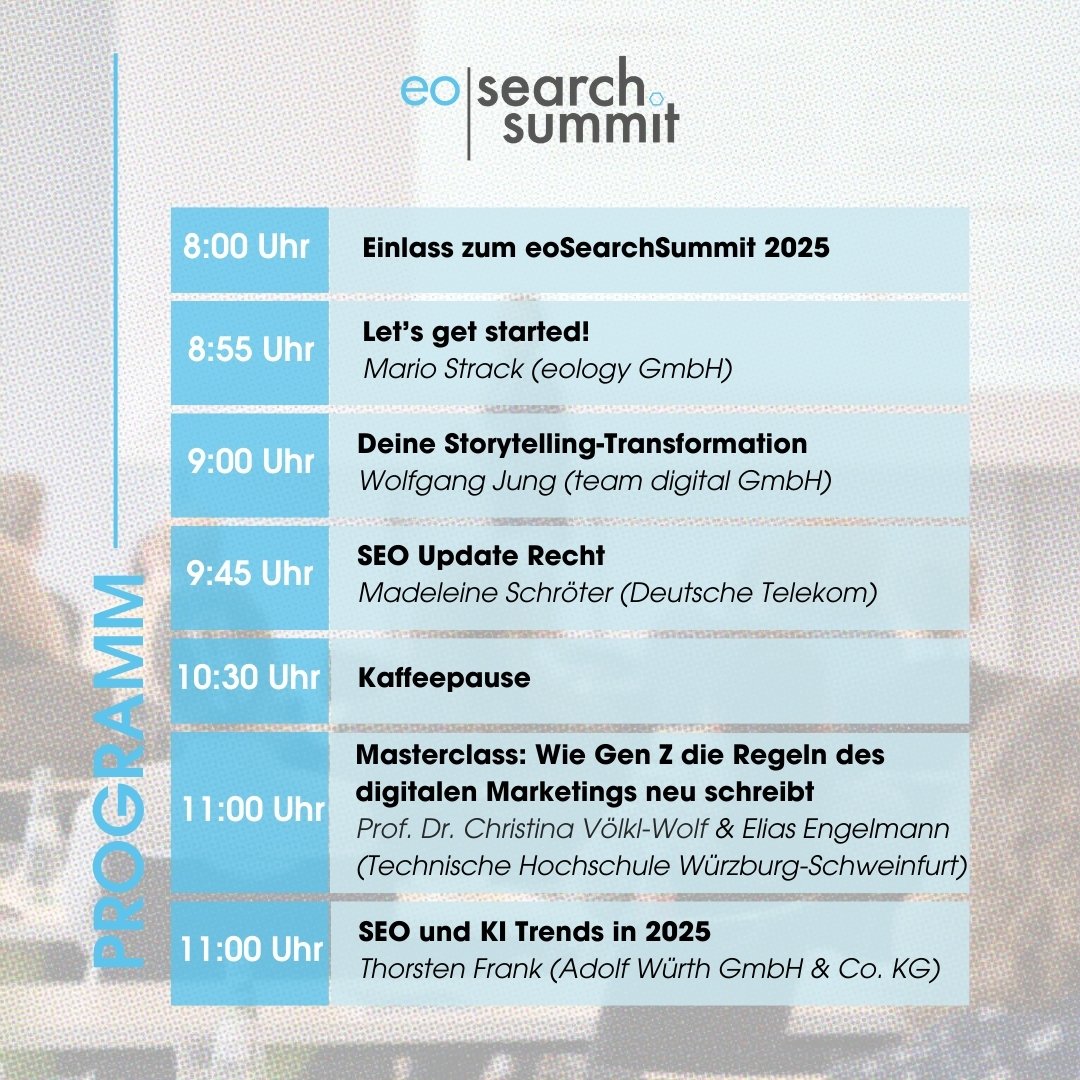 Das Bild zeigt das Programm vom eoSearchSummit, der am 06.02.2025 in Würzburg statt findet.