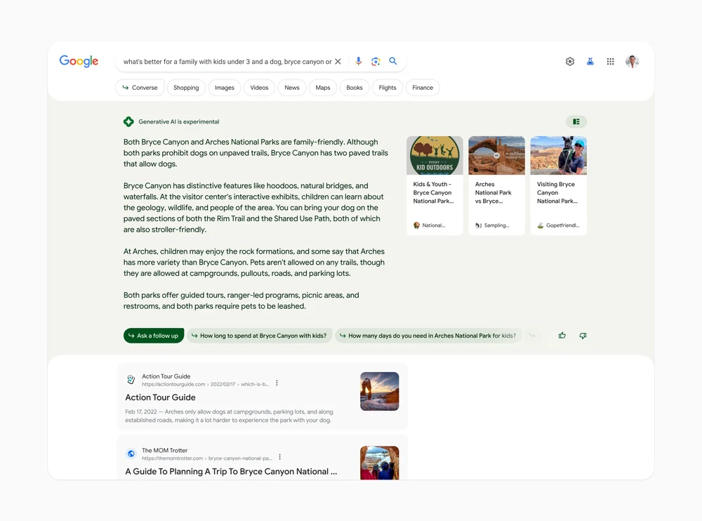 Zu sehen sind die Google Suchergebnisse mit Antworten zu einer Frage mit generativer KI.
